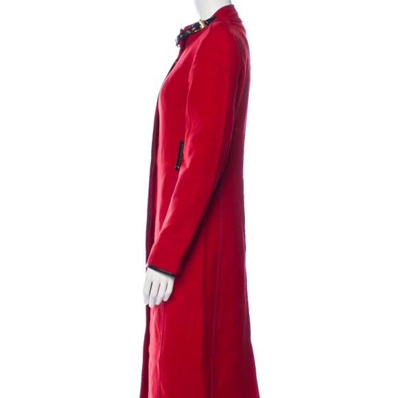 Sportmax Long Red Virgin Wool Coat with Leather Trim - Picture 2 of 4